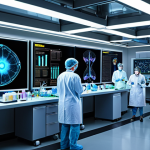 **

A futuristic medical lab with scientists working on oligonucleotide molecules. The scene emphasizes advanced technology, such as glowing screens displaying DNA sequences, robotic arms handling vials, and holographic projections of cellular structures. The overall tone should be hopeful and innovative, highlighting the potential of oligonucleotide technology in medicine.

**