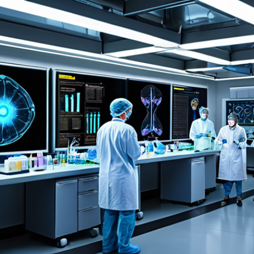 **

A futuristic medical lab with scientists working on oligonucleotide molecules. The scene emphasizes advanced technology, such as glowing screens displaying DNA sequences, robotic arms handling vials, and holographic projections of cellular structures. The overall tone should be hopeful and innovative, highlighting the potential of oligonucleotide technology in medicine.

**