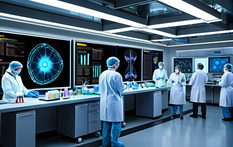**

A futuristic medical lab with scientists working on oligonucleotide molecules. The scene emphasizes advanced technology, such as glowing screens displaying DNA sequences, robotic arms handling vials, and holographic projections of cellular structures. The overall tone should be hopeful and innovative, highlighting the potential of oligonucleotide technology in medicine.

**