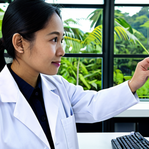 A professional team of diverse scientists, including individuals of Malaysian and Southeast Asian ethnicity, in modest lab coats, diligently working in a state-of-the-art biotechnology laboratory. One scientist thoughtfully examines a vial containing a protein-based vaccine, while another works at a sophisticated computer workstation, displaying a complex molecular structure. The background features advanced laboratory equipment and large windows offering a glimpse of lush tropical greenery, symbolizing local innovation and global reach. The atmosphere is collaborative, focused, and highlights scientific advancement. fully clothed, appropriate attire, safe for work, perfect anatomy, correct proportions, natural pose, well-formed hands, proper finger count, natural body proportions, professional dress, appropriate content, modest, family-friendly, high-quality, ultra-detailed.