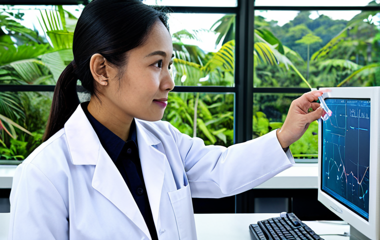 A professional team of diverse scientists, including individuals of Malaysian and Southeast Asian ethnicity, in modest lab coats, diligently working in a state-of-the-art biotechnology laboratory. One scientist thoughtfully examines a vial containing a protein-based vaccine, while another works at a sophisticated computer workstation, displaying a complex molecular structure. The background features advanced laboratory equipment and large windows offering a glimpse of lush tropical greenery, symbolizing local innovation and global reach. The atmosphere is collaborative, focused, and highlights scientific advancement. fully clothed, appropriate attire, safe for work, perfect anatomy, correct proportions, natural pose, well-formed hands, proper finger count, natural body proportions, professional dress, appropriate content, modest, family-friendly, high-quality, ultra-detailed.