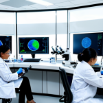 A group of professional, diverse scientists, including individuals of Southeast Asian appearance, wearing clean lab coats and modest professional attire, working diligently in a cutting-edge biotechnology laboratory. They are gathered around advanced microscopes and scientific equipment, with digital screens displaying cellular structures. The lab is brightly lit, modern, and sterile. The scene conveys innovation and precision. fully clothed, appropriate attire, safe for work, professional, perfect anatomy, correct proportions, natural pose, well-formed hands, proper finger count, natural body proportions, high-quality, professional photography.
