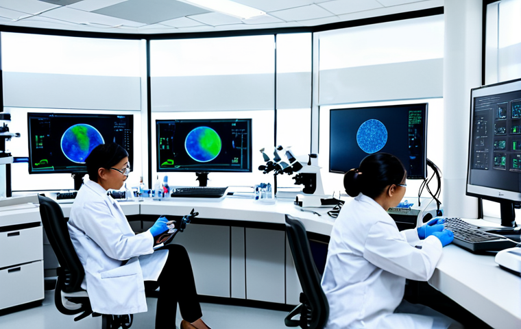 A group of professional, diverse scientists, including individuals of Southeast Asian appearance, wearing clean lab coats and modest professional attire, working diligently in a cutting-edge biotechnology laboratory. They are gathered around advanced microscopes and scientific equipment, with digital screens displaying cellular structures. The lab is brightly lit, modern, and sterile. The scene conveys innovation and precision. fully clothed, appropriate attire, safe for work, professional, perfect anatomy, correct proportions, natural pose, well-formed hands, proper finger count, natural body proportions, high-quality, professional photography.