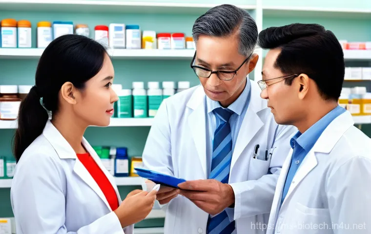 의약품 특허 만료 - **Prompt:** A diverse group of scientists, both male and female, in a modern, brightly lit pharmaceu...