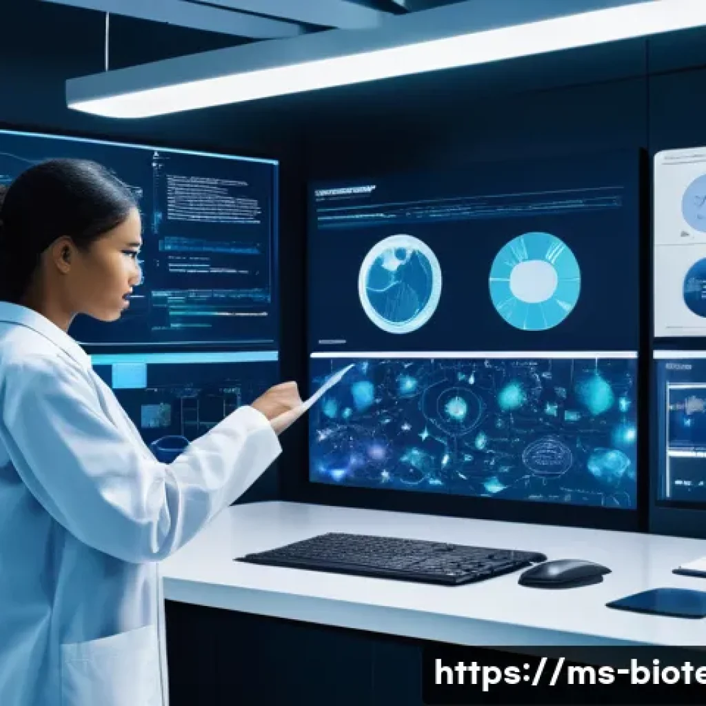 임상 시험 설계 - **Prompt:** A meticulously organized, bright, and futuristic research lab environment. In the foregr...