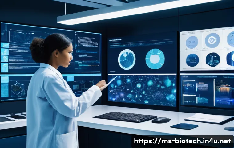 임상 시험 설계 - **Prompt:** A meticulously organized, bright, and futuristic research lab environment. In the foregr...