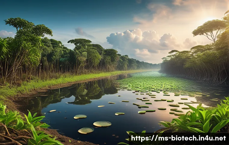 미생물 기반 청정기술 - **The Unsung Heroes of Environmental Restoration**
    A vibrant, dynamic scene depicting a polluted...