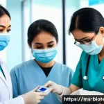 분자 진단 키트 - A busy Malaysian healthcare clinic scene showing diverse medical professionals in face masks using p...