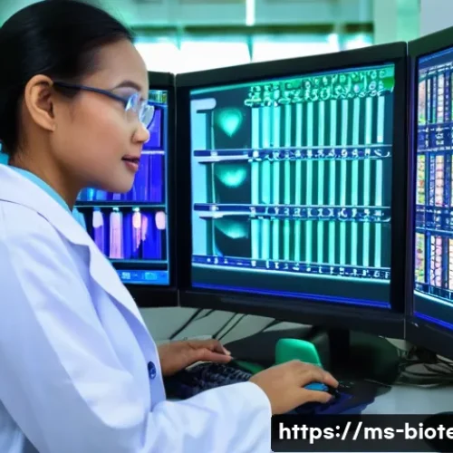 핵산 기반 기술 - A modern medical laboratory scene in Malaysia showing a female doctor in professional attire analyzi...