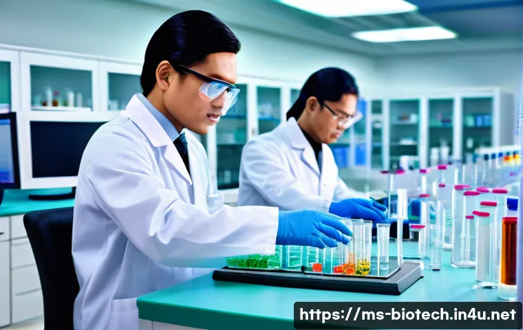 제약 회사와 바이오 회사 차이 - A modern pharmaceutical research laboratory in Malaysia, featuring diverse scientists in professiona...