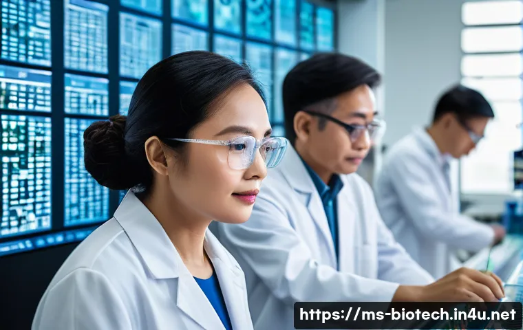 유전자 편집 원리 - A modern biotechnology laboratory in Malaysia, featuring diverse Malaysian scientists wearing lab co...