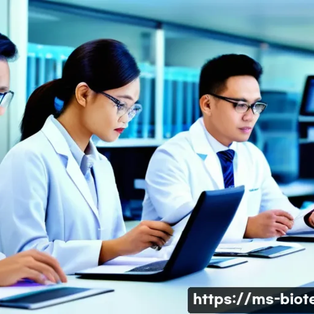 생물학적 제제의 규제 - A modern Malaysian pharmaceutical regulatory office scene showing diverse professionals in lab coats...