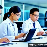 생물학적 제제의 규제 - A modern Malaysian pharmaceutical regulatory office scene showing diverse professionals in lab coats...