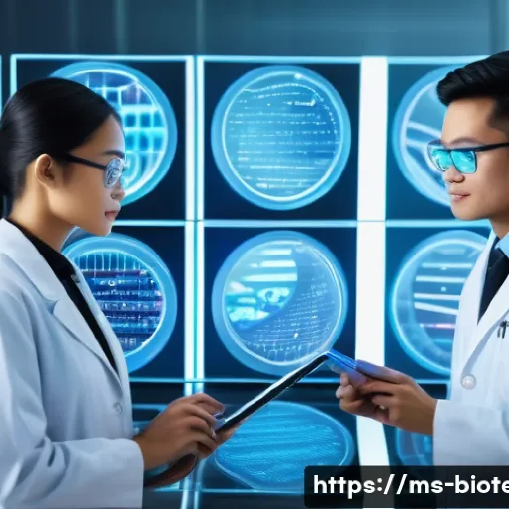 유전자 분석 소프트웨어 - A futuristic Malaysian laboratory setting with diverse scientists analyzing DNA sequences on high-te...