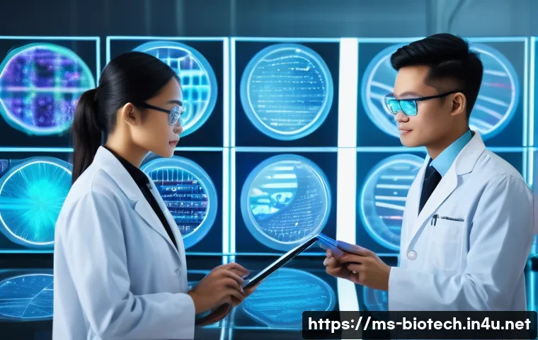 유전자 분석 소프트웨어 - A futuristic Malaysian laboratory setting with diverse scientists analyzing DNA sequences on high-te...