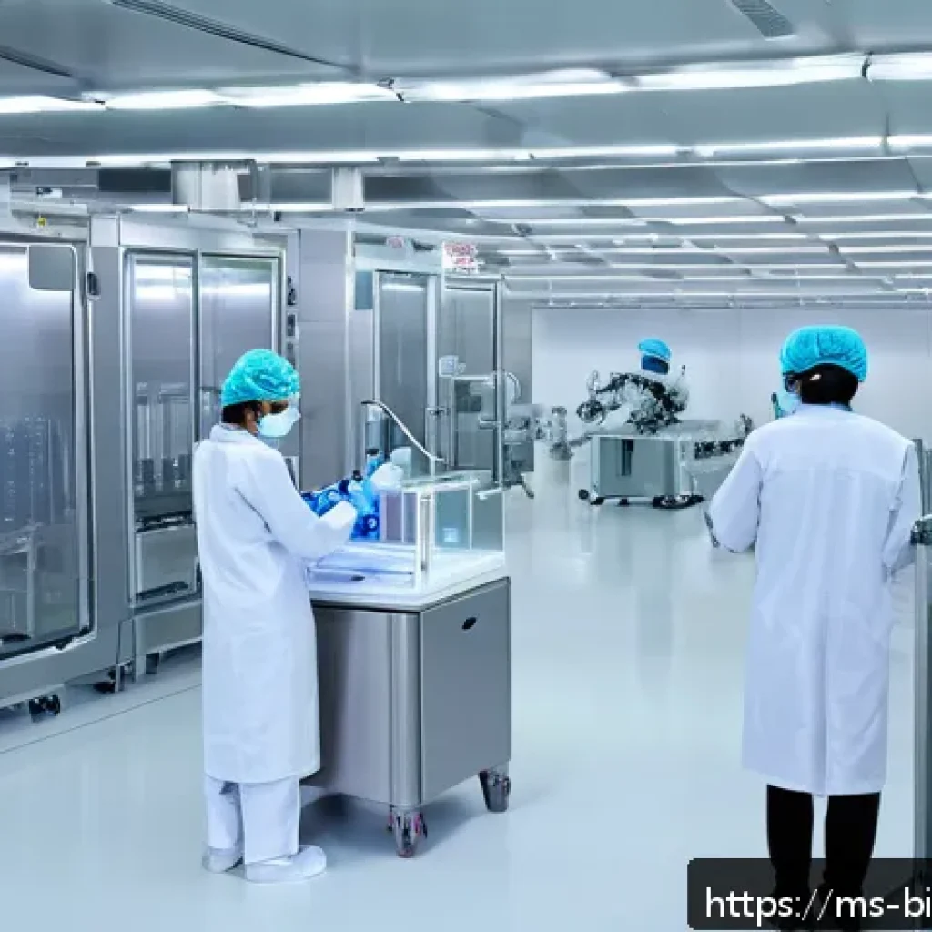 바이오 의약품 경쟁 - A high-tech biopharmaceutical manufacturing facility in Malaysia featuring advanced robotic arms car...