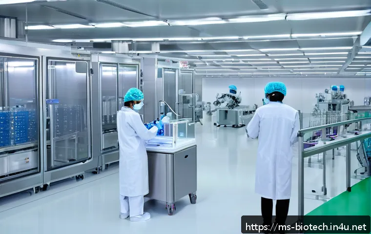 바이오 의약품 경쟁 - A high-tech biopharmaceutical manufacturing facility in Malaysia featuring advanced robotic arms car...