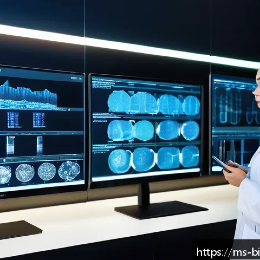 바이오인포매틱스 - A modern Malaysian hospital genetics lab scene featuring diverse healthcare professionals including ...