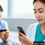 스마트 바이오 기술 - A modern Malaysian healthcare setting featuring a diverse group of adults using smart wearable devic...