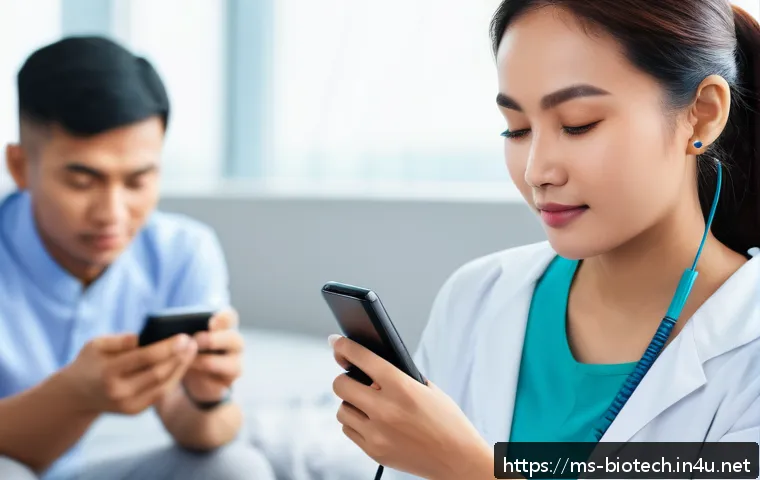 스마트 바이오 기술 - A modern Malaysian healthcare setting featuring a diverse group of adults using smart wearable devic...