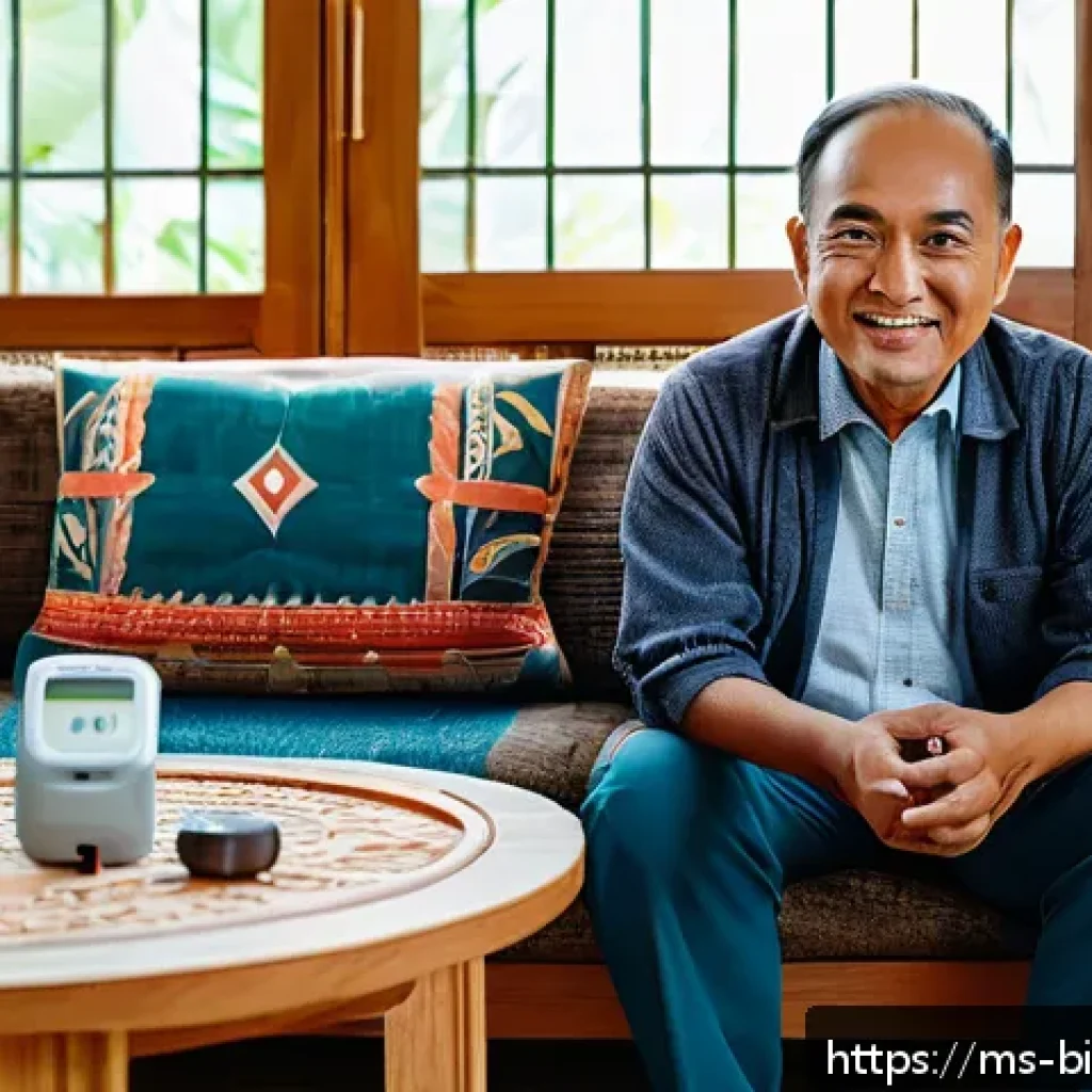 바이오 진단 키트 - A cozy Malaysian home interior with a middle-aged Malay man comfortably sitting on a sofa, using a s...