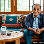 바이오 진단 키트 - A cozy Malaysian home interior with a middle-aged Malay man comfortably sitting on a sofa, using a s...