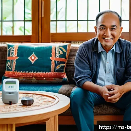 바이오 진단 키트 - A cozy Malaysian home interior with a middle-aged Malay man comfortably sitting on a sofa, using a s...