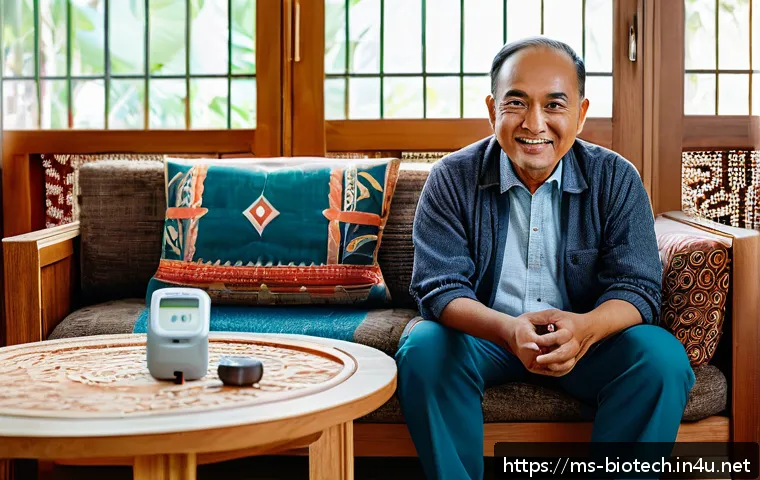 바이오 진단 키트 - A cozy Malaysian home interior with a middle-aged Malay man comfortably sitting on a sofa, using a s...